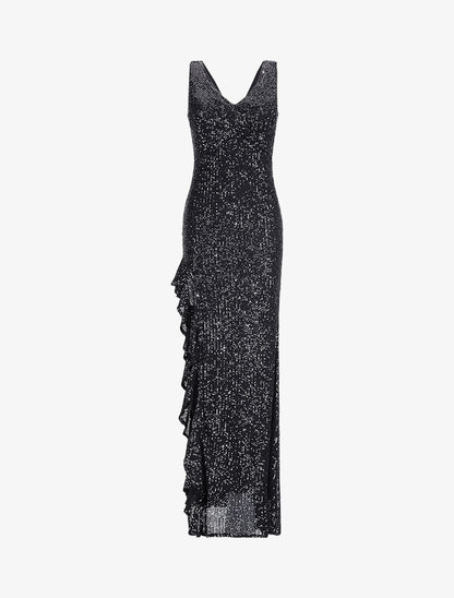 Robe longue à sequins et fente volantée - Noir - 1
