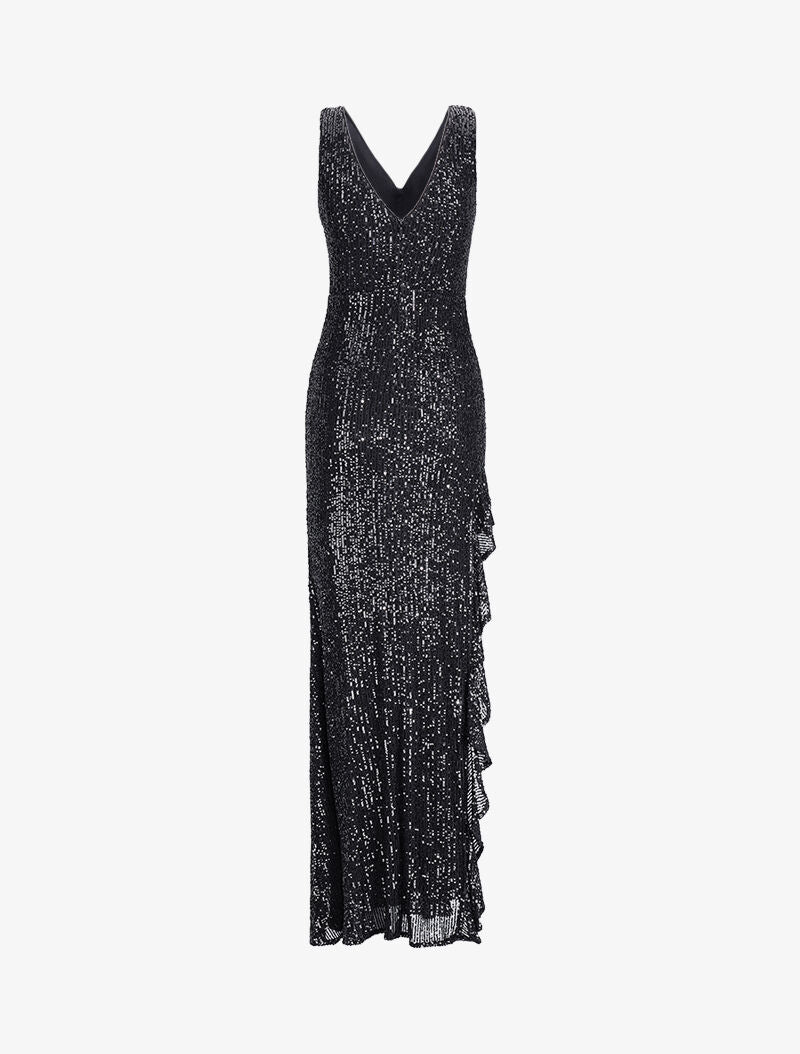 Robe longue à sequins et fente volantée - Noir - 2