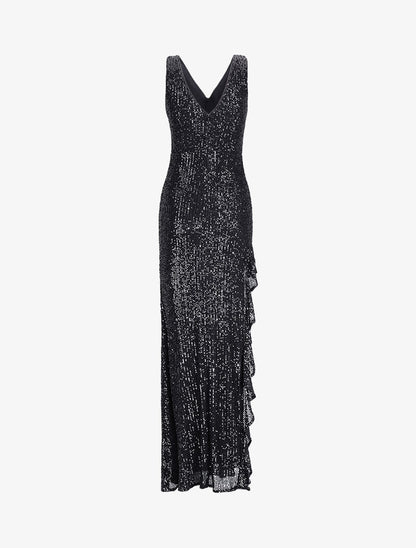 Robe longue à sequins et fente volantée - Noir - 2