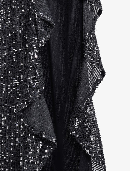 Robe longue à sequins et fente volantée - Noir - 3