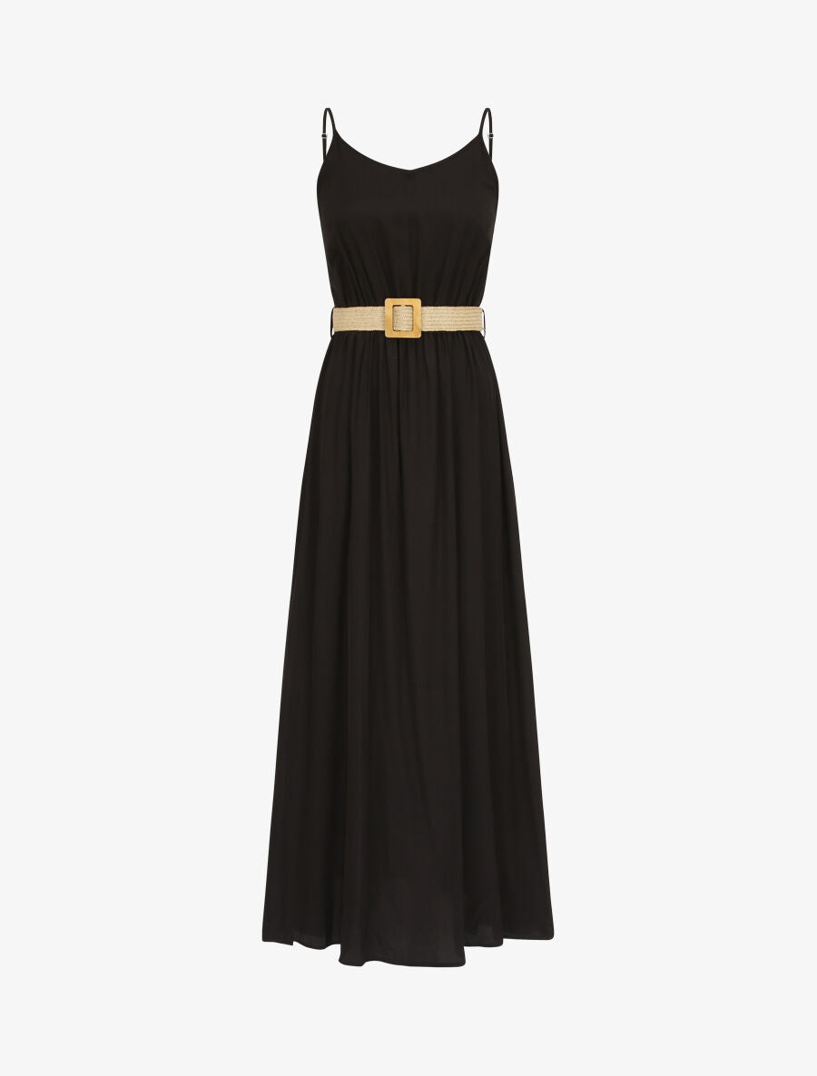 Robe longue unie à bretelles fines - Noir - 1