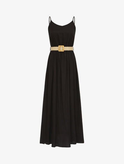 Robe longue unie à bretelles fines - Noir - 1