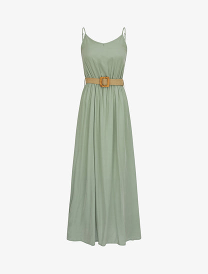 Robe longue unie à bretelles fines - Vert olive - 1