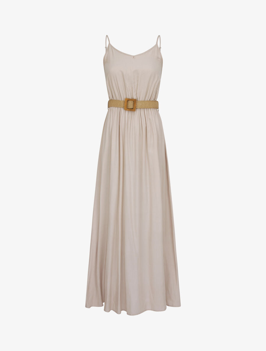 Robe longue unie à bretelles fines - Beige - 4