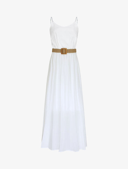 Robe longue unie à bretelles fines - Blanc - 4