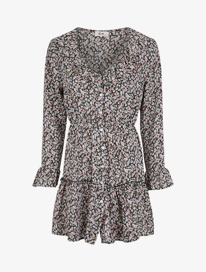 Robe courte patineuse à volants imprimé fleurs printanières - Noir - 5