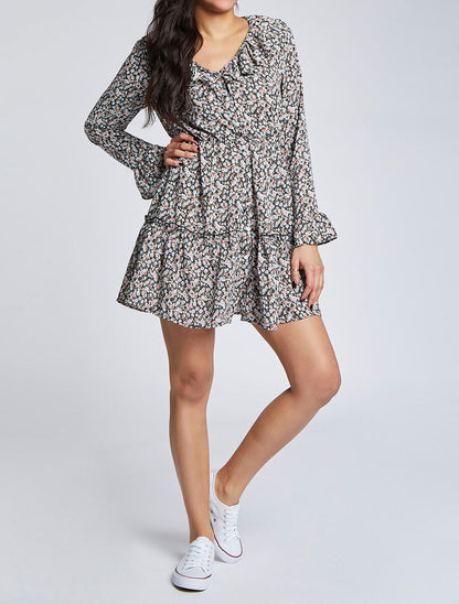 Robe courte patineuse à volants imprimé fleurs printanières - Noir - 4