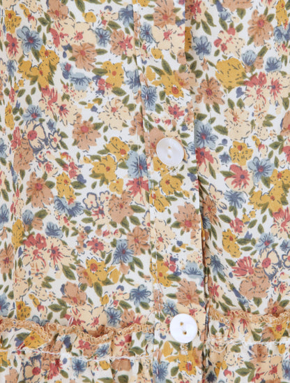 Robe courte patineuse à volants imprimé fleurs printanières - Beige - 3