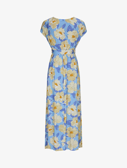 Robe longue empire à manches courtes et imprimé floral - Bleu - 2