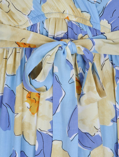 Robe longue empire à manches courtes et imprimé floral - Bleu - 3