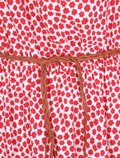 Robe longue empire manches courtes imprimé marguerites - Rouge - 3