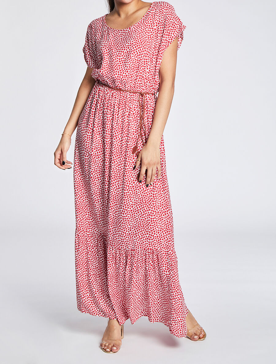 Robe longue empire manches courtes imprimé marguerites - Rouge - 4