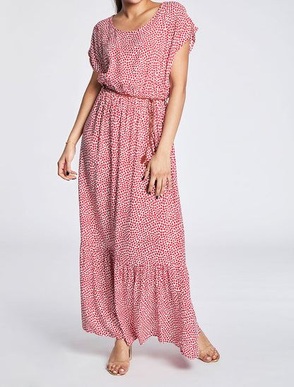Robe longue empire manches courtes imprimé marguerites - Rouge - 4