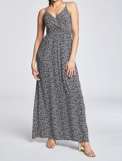 Robe longue empire imprimé marguerites - Noir - 4