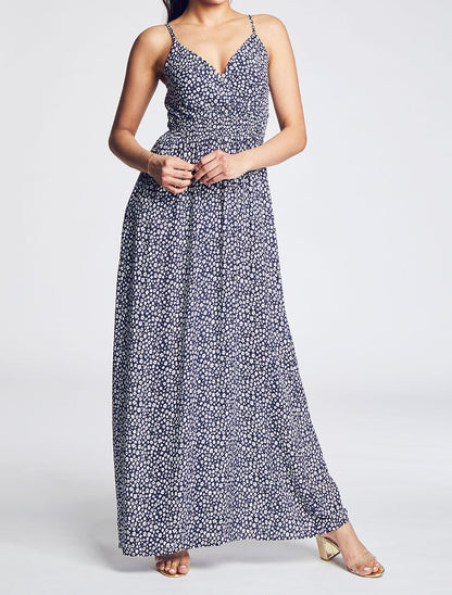 Robe longue empire imprimé marguerites - Marine - 4