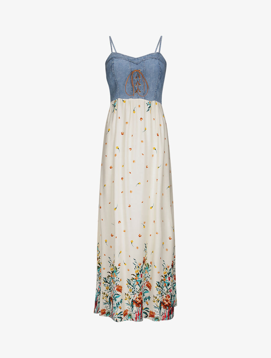 Robe longue empire à corset et imprimé fleurs des champs - Écru - 2