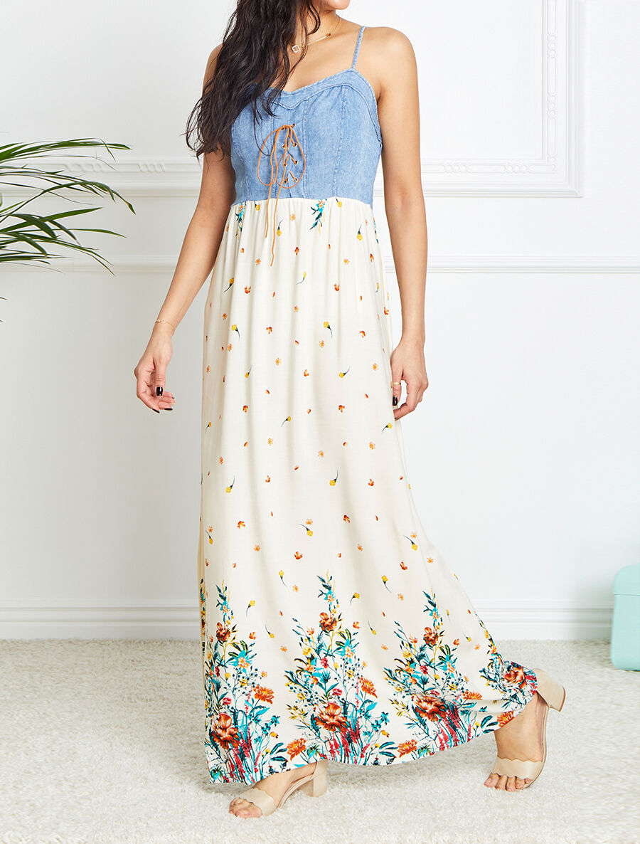 Robe longue empire à corset et imprimé fleurs des champs - Écru - 1