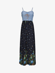 Robe longue empire à corset et imprimé fleurs des champs - Marine - 1