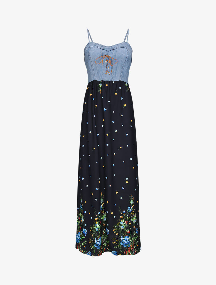 Robe longue empire à corset et imprimé fleurs des champs - Marine - 1