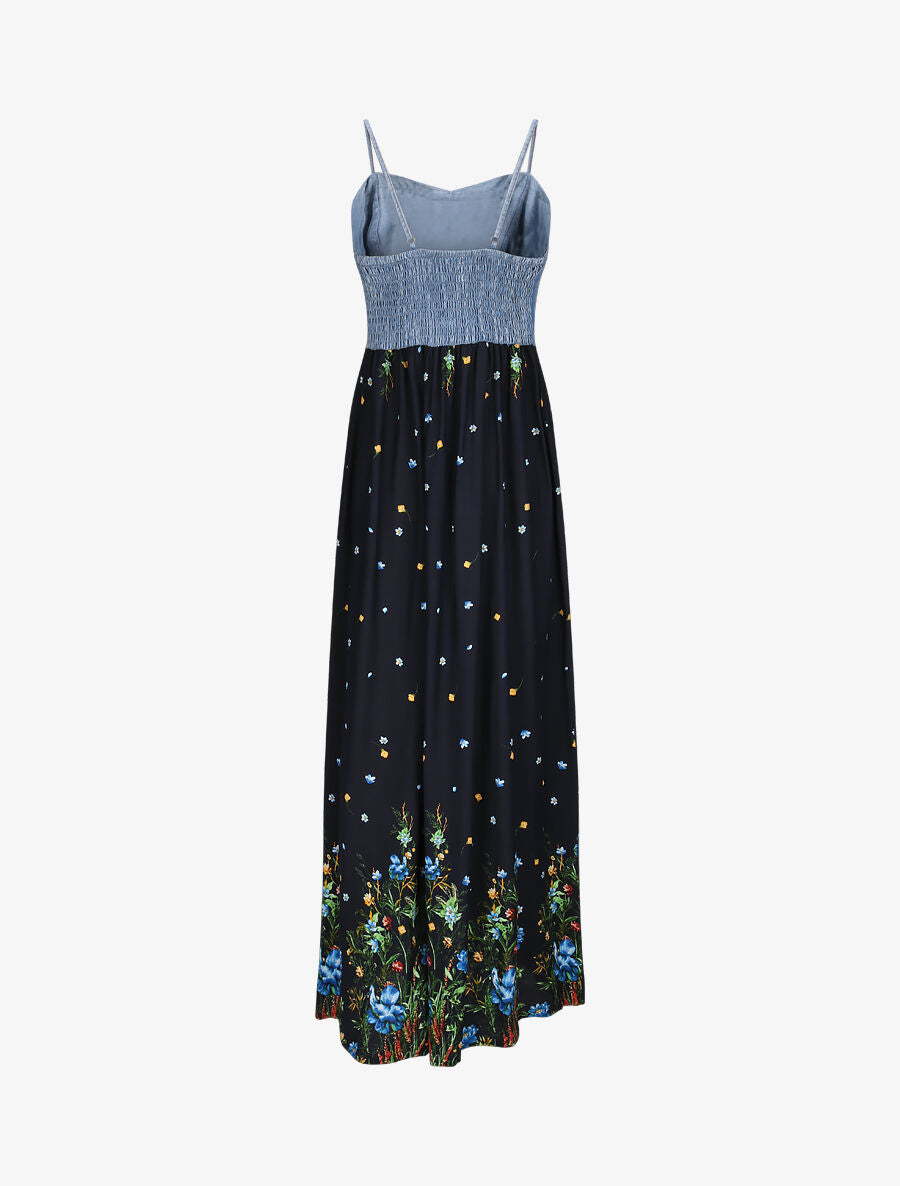 Robe longue empire à corset et imprimé fleurs des champs - Marine - 2