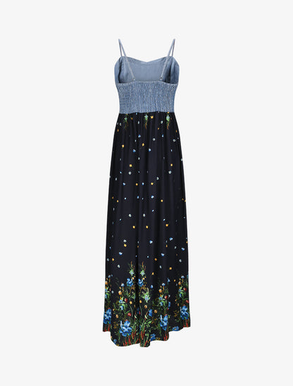 Robe longue empire à corset et imprimé fleurs des champs - Marine - 2