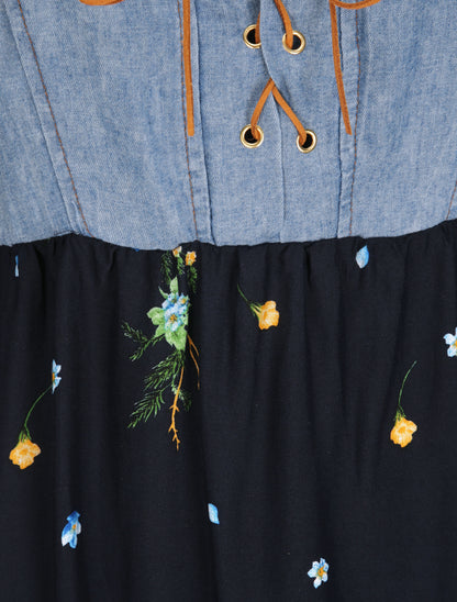 Robe longue empire à corset et imprimé fleurs des champs - Marine - 3