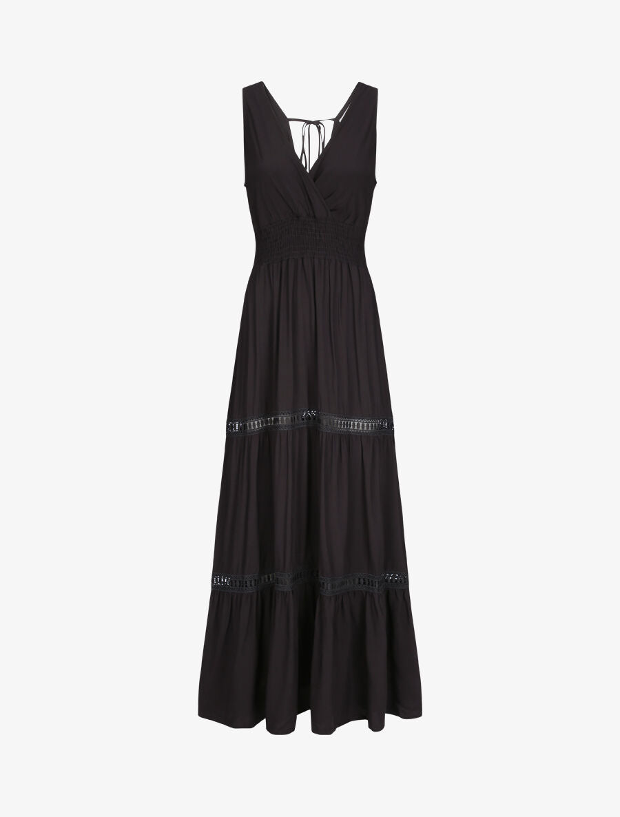 Robe longue empire uni à détail crochet - Noir - 5