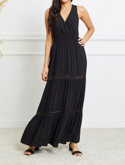 Robe longue empire uni à détail crochet - Noir - 4