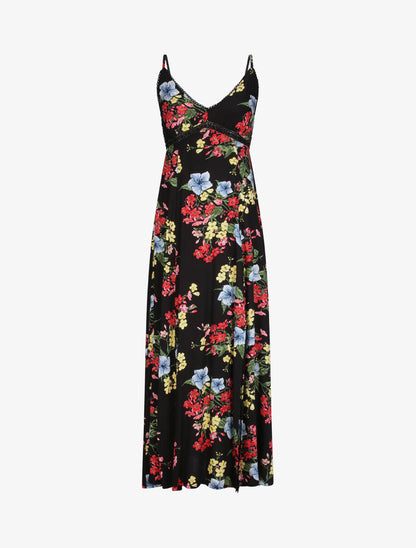 Robe longue empire fendue imprimé floral - Noir - 1