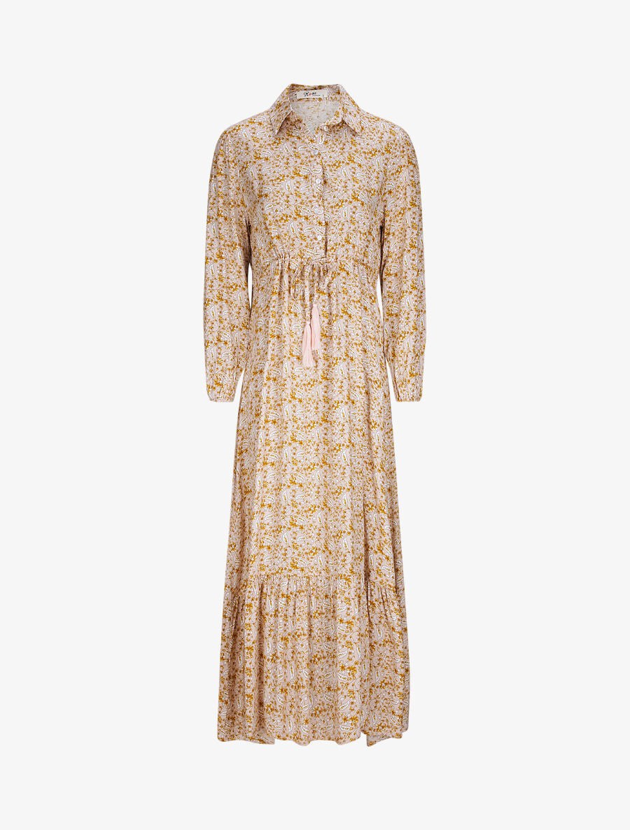 Robe longue empire manches 3/4 et imprimé fleuri - Beige - 1