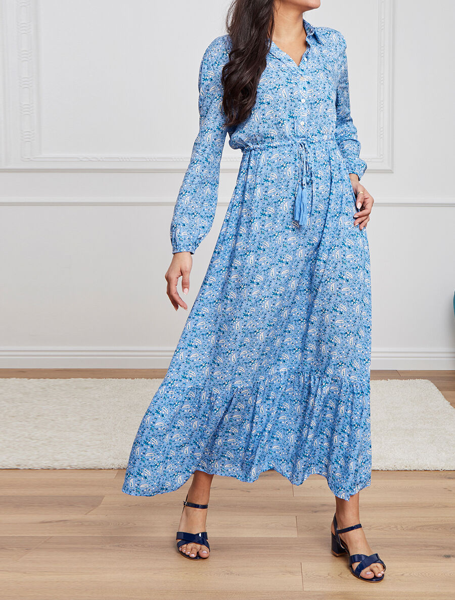 Robe longue empire manches 3/4 et imprimé fleuri - Bleu - 1