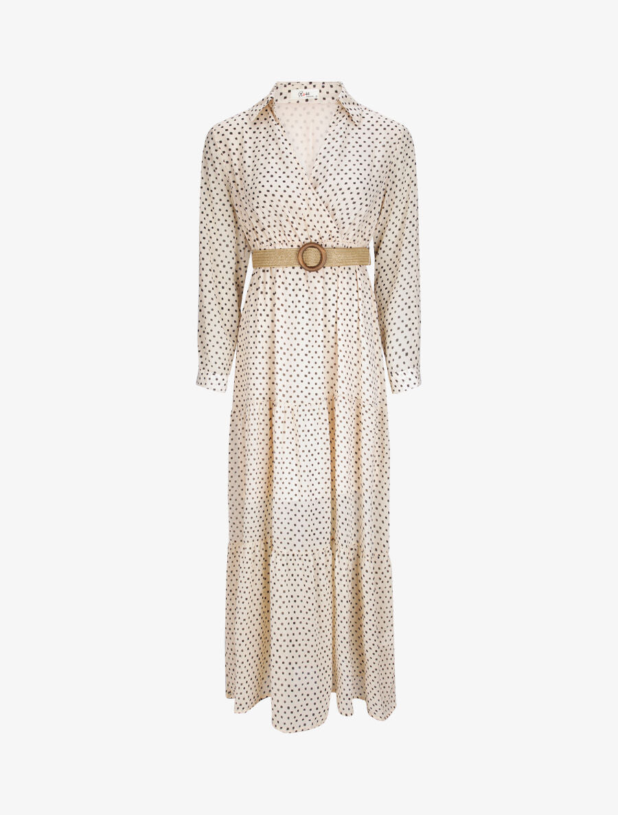 Robe longue empire imprimé pois stylisés - Beige - 1