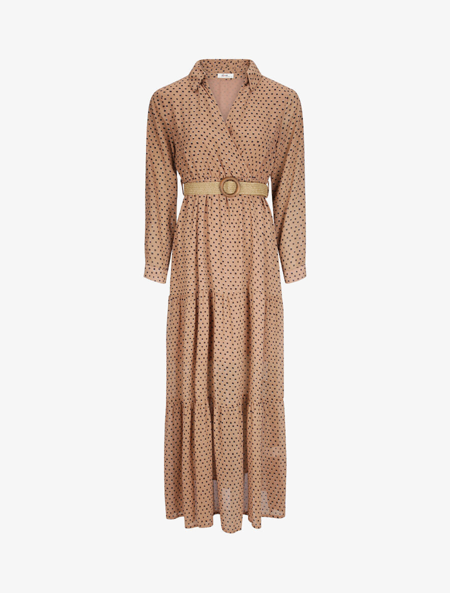 Robe longue empire imprimé pois stylisés - Marron - 1
