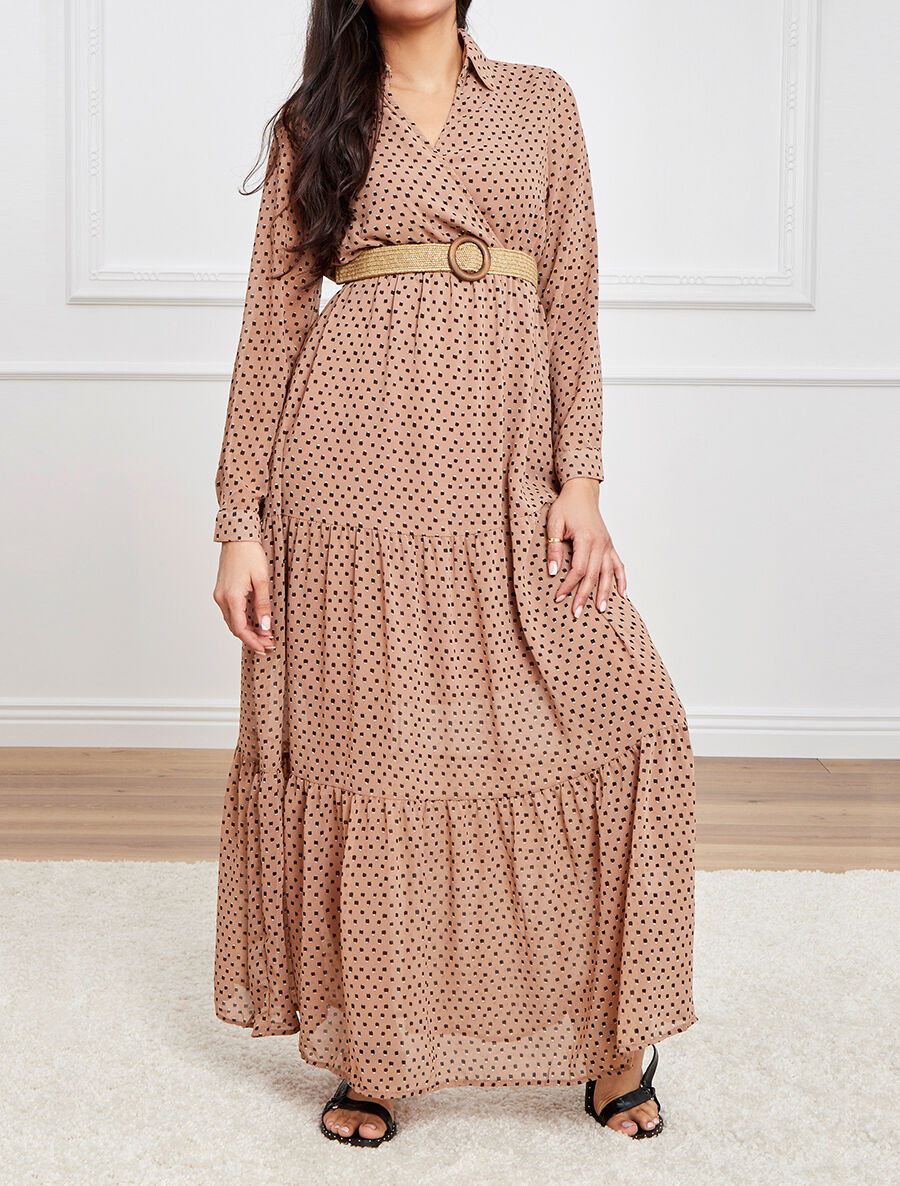 Robe longue empire imprimé pois stylisés - Marron - 4