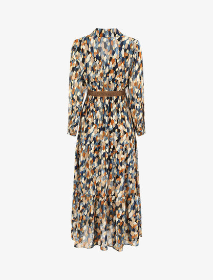 Robe longue cache-coeur à imprimé feuilles stylisées - Marine - 3