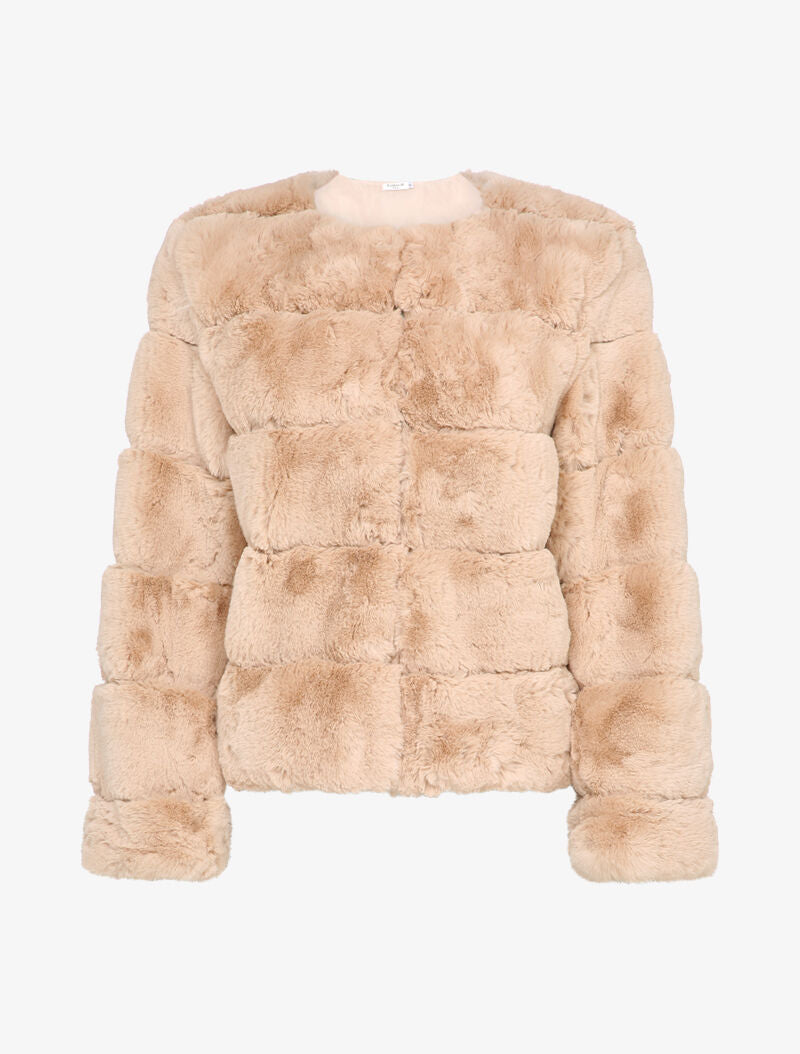 Manteau court en fausse fourrure à col rond - Rose poudré - 1