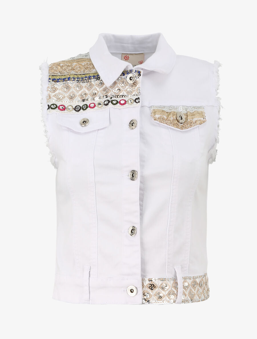 Veste en jean sans manches ornée de sequins et de perles - Blanc - 1