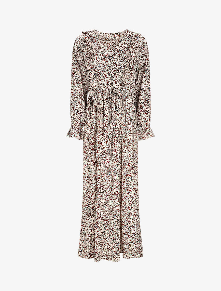 Robe longue évasée à volants imprimé pâquerettes - Marron - 1