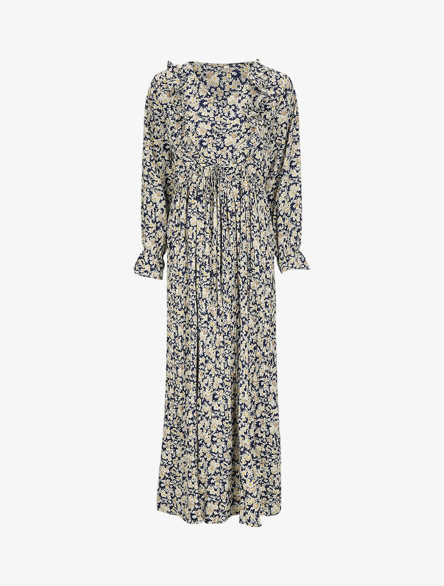 Robe longue évasée à volants imprimé fleurs des champs - Marine - 5