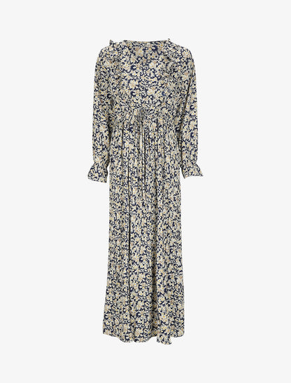 Robe longue évasée à volants imprimé fleurs des champs - Marine - 5