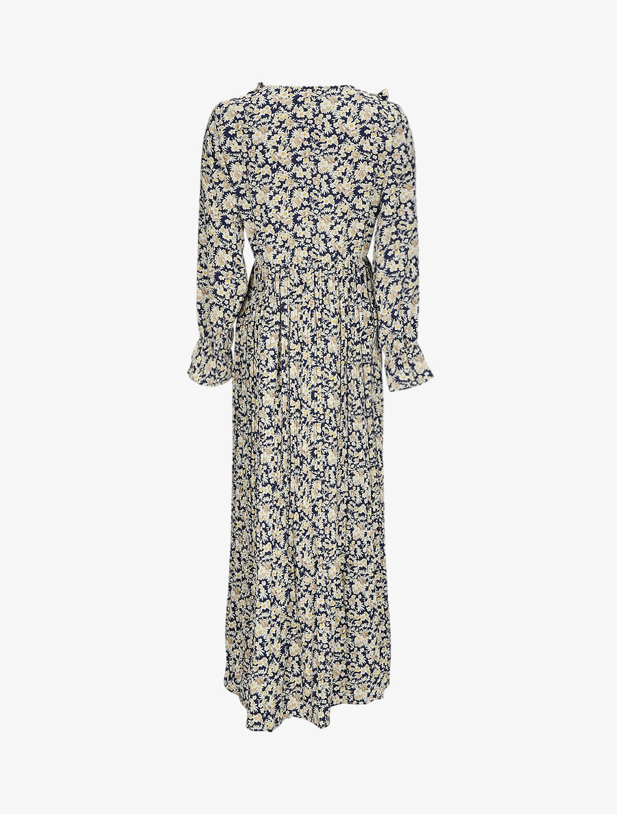 Robe longue évasée à volants imprimé fleurs des champs - Marine - 2