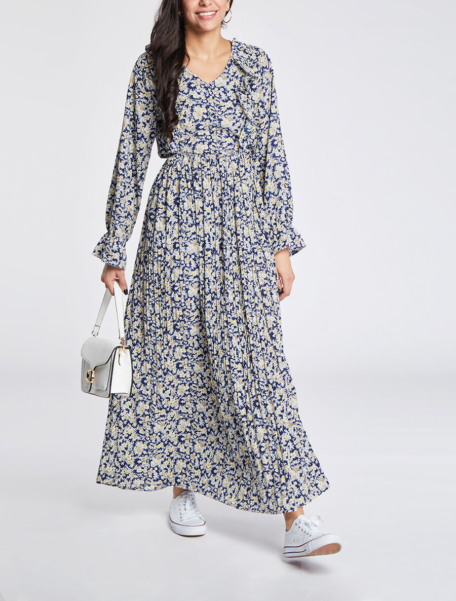 Robe longue évasée à volants imprimé fleurs des champs - Marine - 4