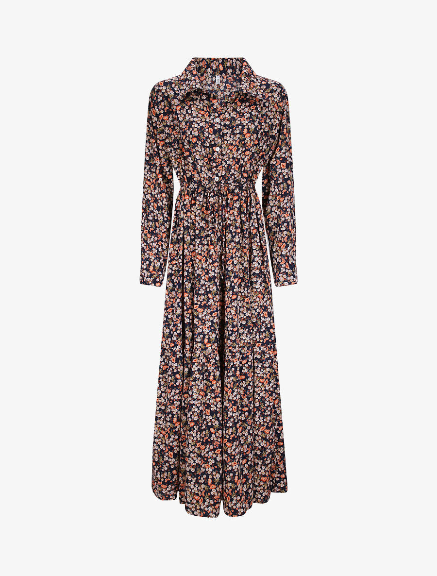 Robe longue évasée à manches longues et imprimé fleuri - Marine - 1