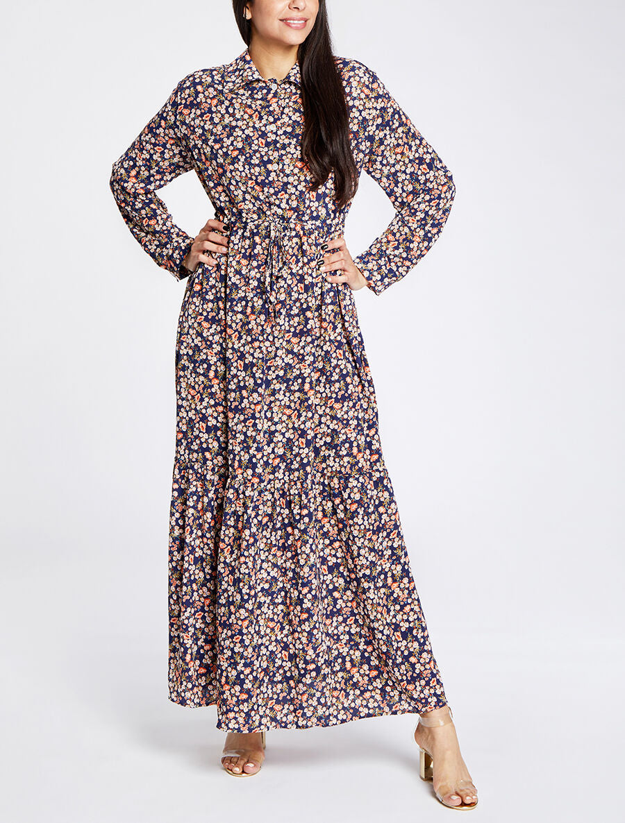 Robe longue évasée à manches longues et imprimé fleuri - Marine - 4