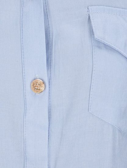 Robe chemise courte unie poches à rabat - Bleu clair - 3