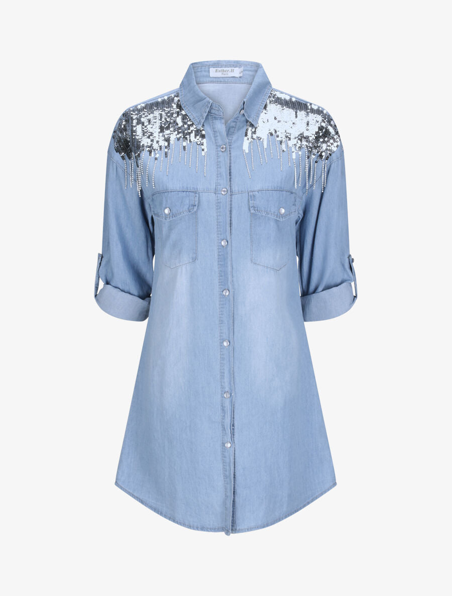 Robe chemise droite en jean épaules à sequins - Bleu - 4