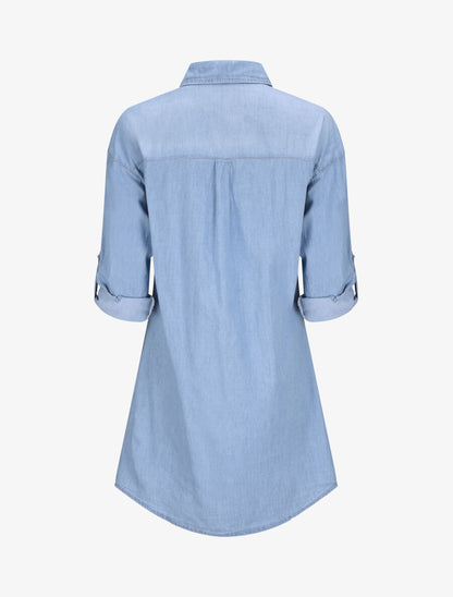 Robe chemise droite en jean épaules à sequins - Bleu - 2