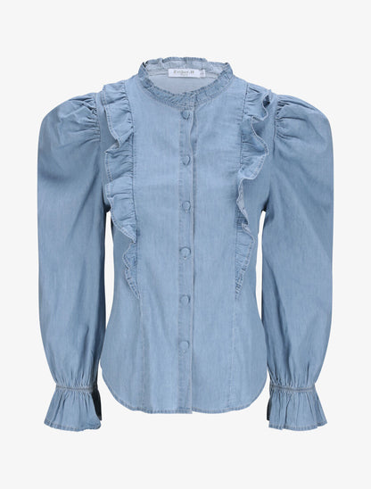 Chemise en jean droite unie volantée - Bleu - 1