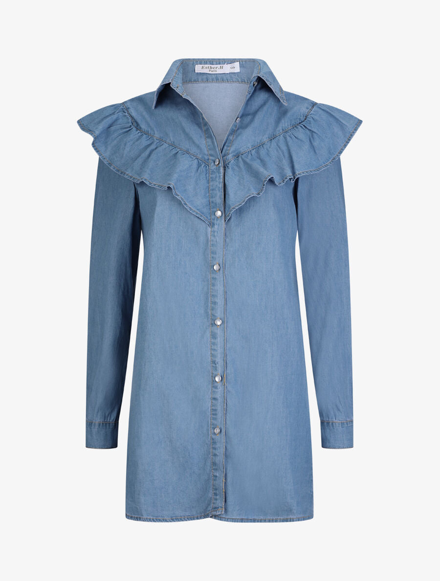 Chemise en jean droite à épaules volantées - Bleu - 1