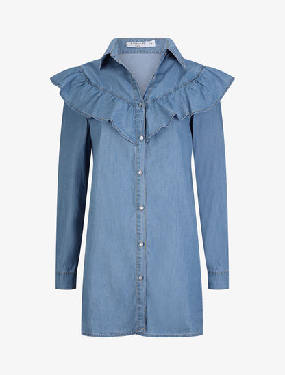 Chemise en jean droite à épaules volantées - Bleu - 1